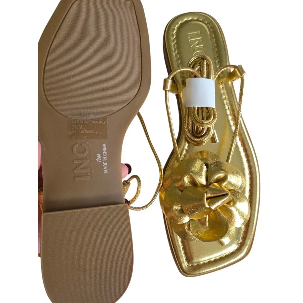 INC Gold Floral Lace Up Sandals Womens 7.5 Metallic Strappy Gladiator New
